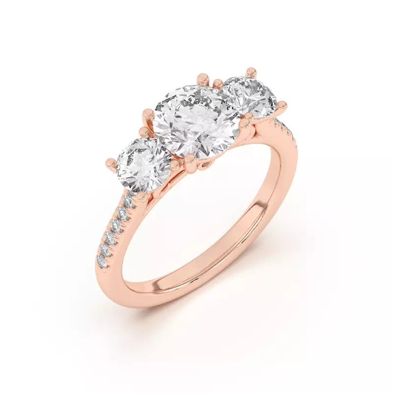 14K Rose Gold Timeless Three-Stone Lab Ring with Pavé Accents 