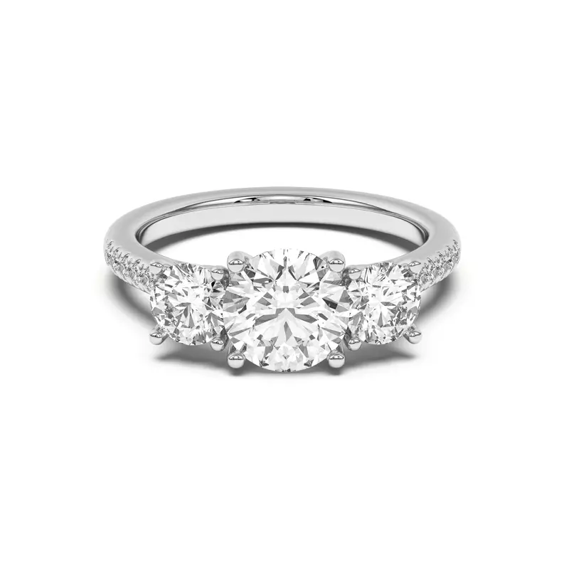 14K White Gold Timeless Three-Stone Diamond Pavé Accents Engagement Ring