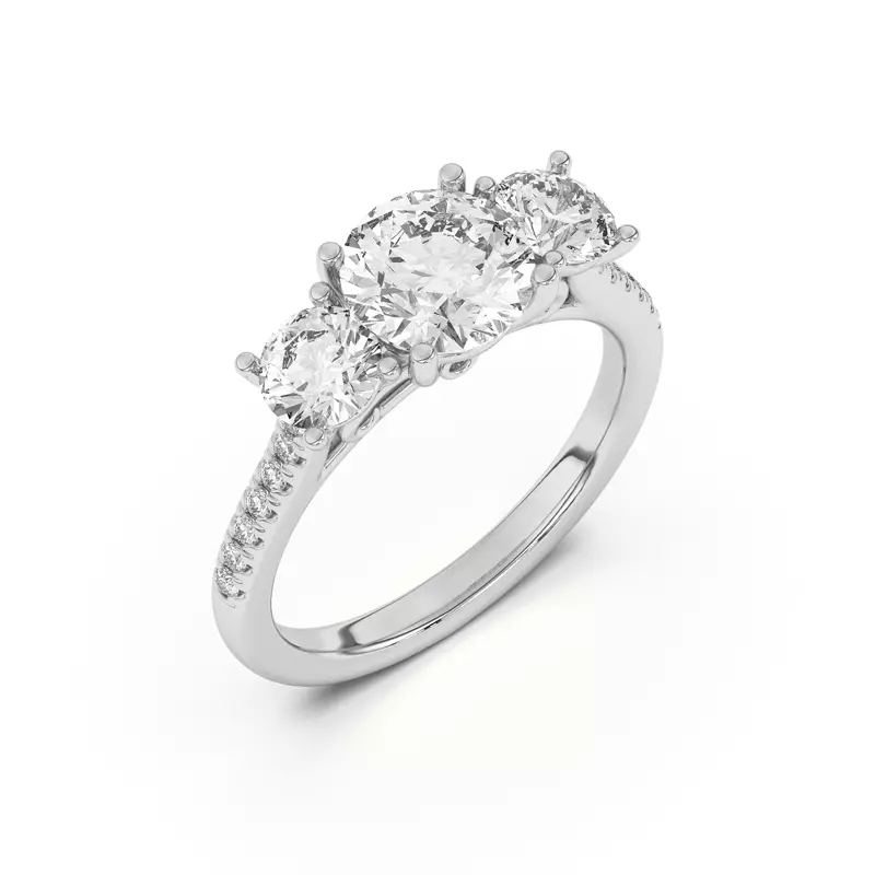 14K White Gold Timeless Three-Stone Diamond Pavé Accents Engagement Ring