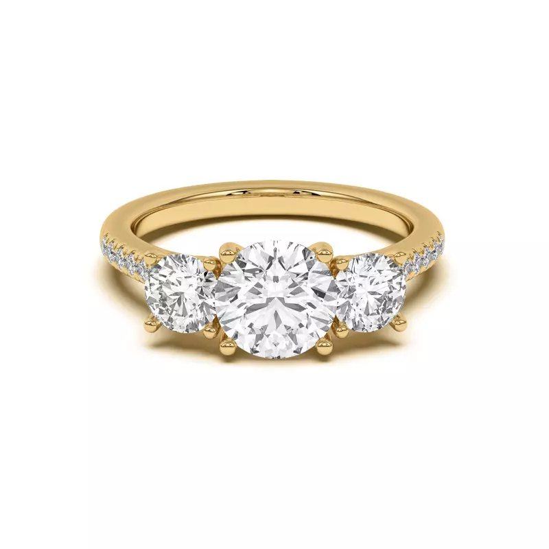 18K Yellow Gold Timeless Three-Stone Lab Ring with Pavé Accents 