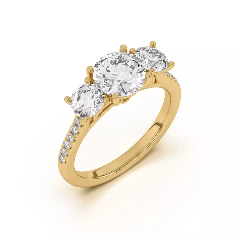 18K Yellow Gold Timeless Three-Stone Lab Ring with Pavé Accents 
