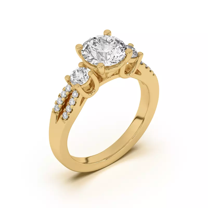 18K Yellow Gold Beth Three-Stone Split Pavé Band Engagement Ring