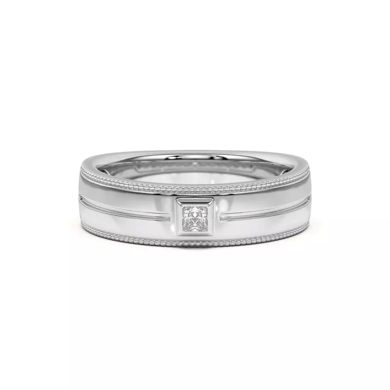 14K White Gold Raised Bezel Princess-Cut Grooved Milgrain Band