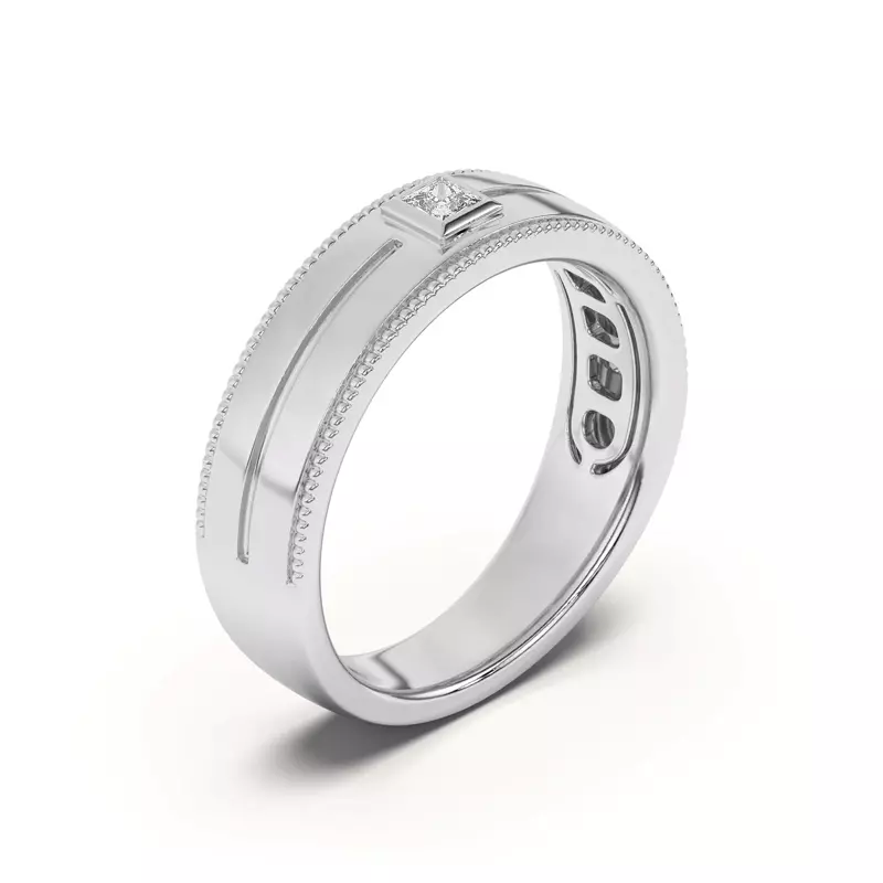 14K White Gold Raised Bezel Princess-Cut Grooved Milgrain Band