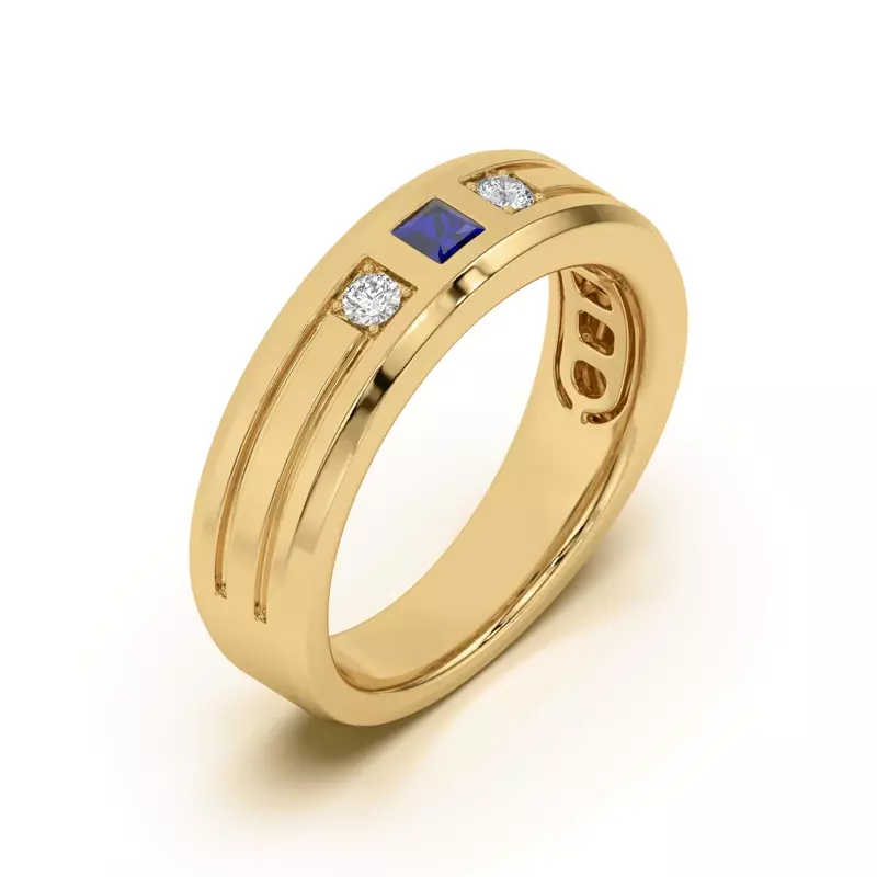 18K Yellow Gold Diamond And Sapphire Grooved Band