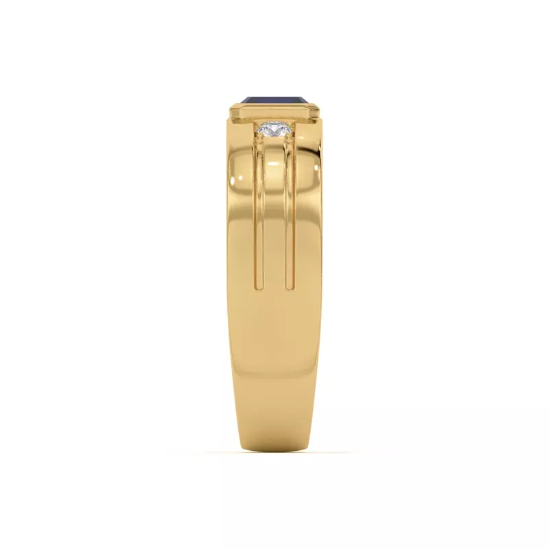 14K Yellow Gold Emerald-Cut Sapphire and Diamond Grooved Band