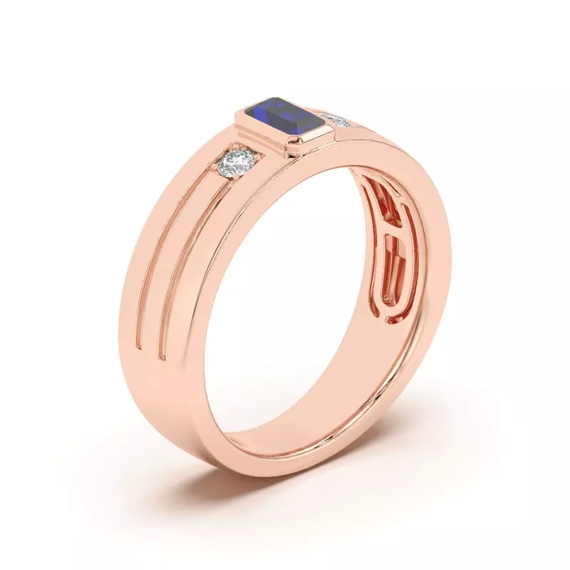 18K Rose Gold Emerald-Cut Sapphire and Diamond Grooved Band