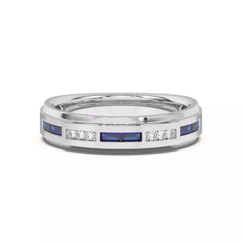 14K White Gold Sapphire Baguette and Round Diamond Band