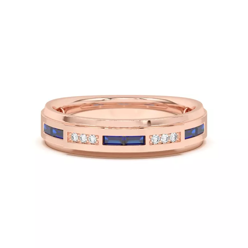 18K Rose Gold Sapphire Baguette and Round Diamond Band
