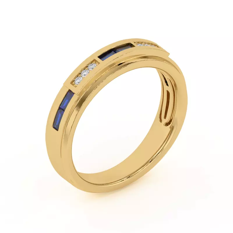 18K Yellow Gold Sapphire Baguette and Round Diamond Band