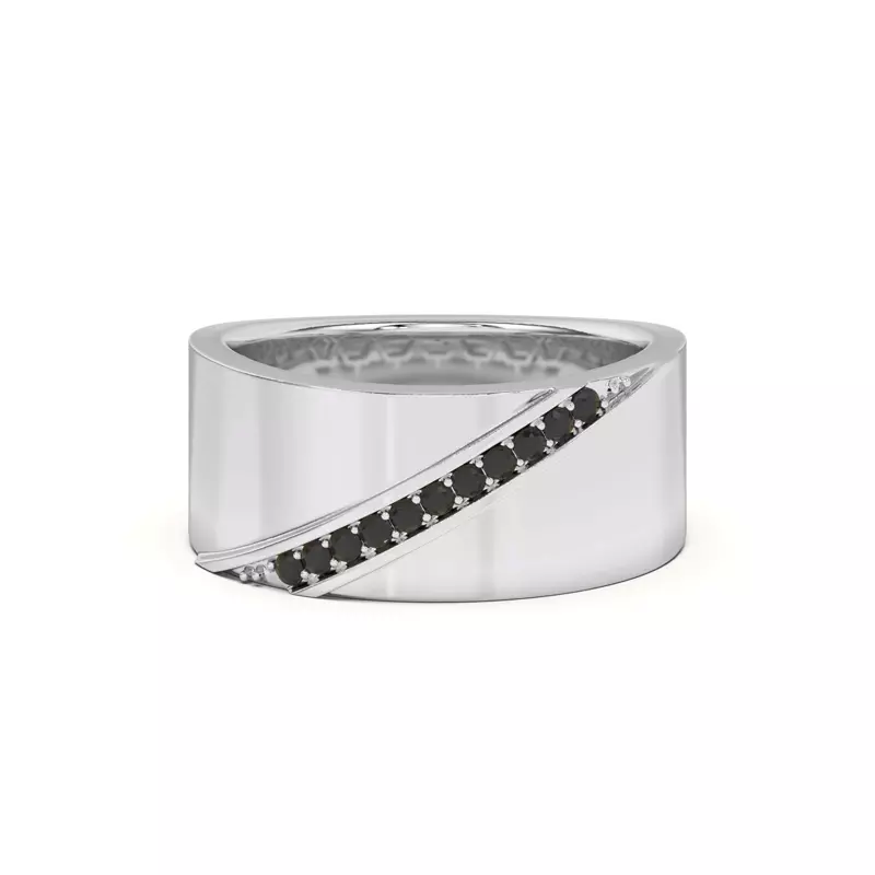 14K White Gold Diagonal Black Sapphire Wide Band