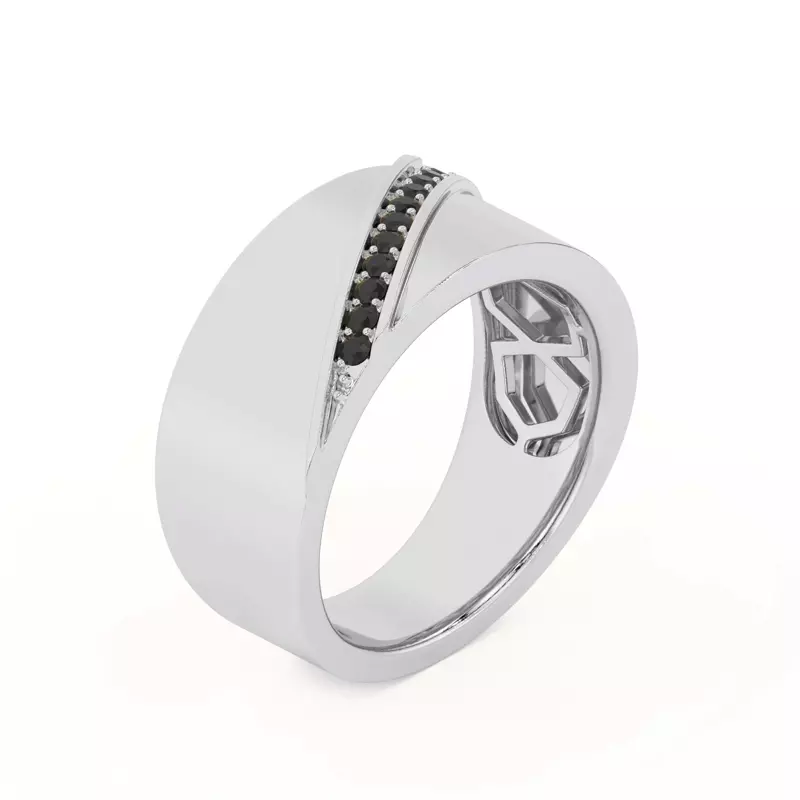 14K White Gold Diagonal Black Sapphire Wide Band