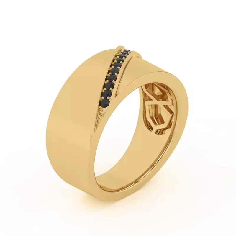 18K Yellow Gold Diagonal Black Sapphire Wide Band