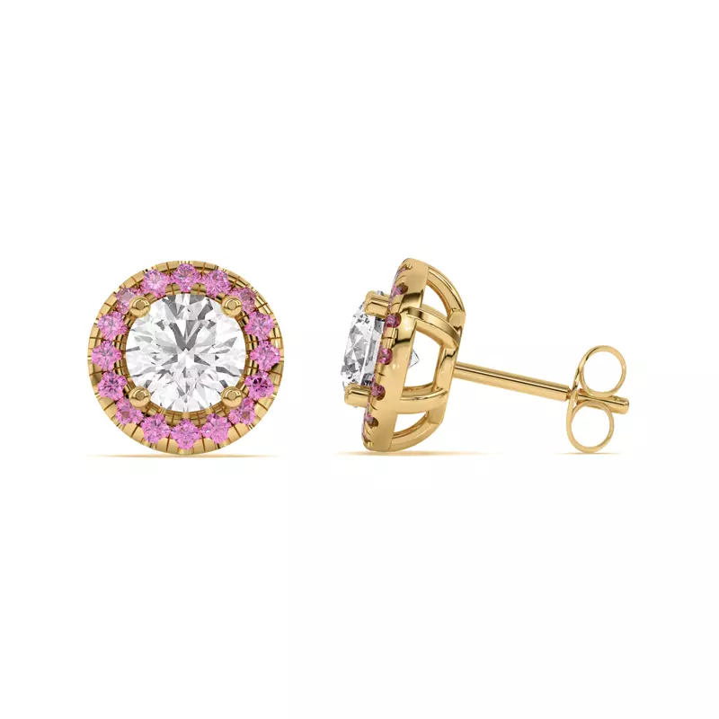 18K Yellow Gold Eva Classic Pink Sapphire Halo Earrings