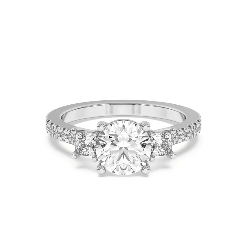 14K White Gold Tria Pavé Princess Lab Accent Three-Stone Ring