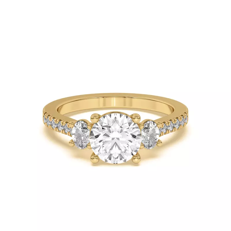 14K Yellow Gold Tria Pavé Oval Lab Accent Three-Stone Ring