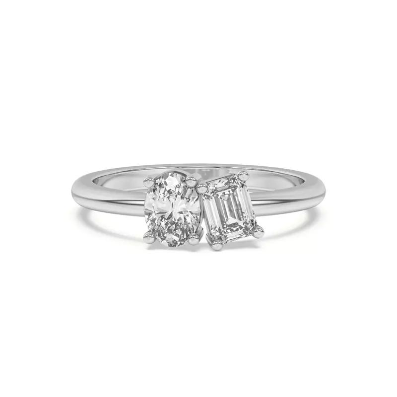 14K White Gold Toi et Moi Oval and Emerald Lab Ring (1.00 cttw)