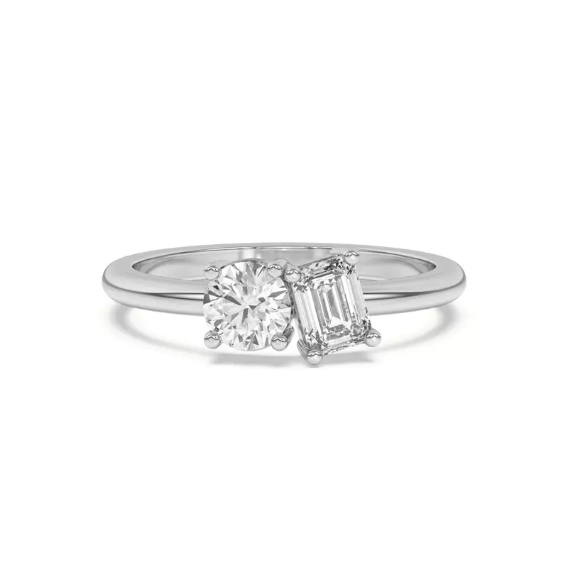 18K White Gold Toi et Moi Round and Emerald Lab Ring (1.00 cttw)