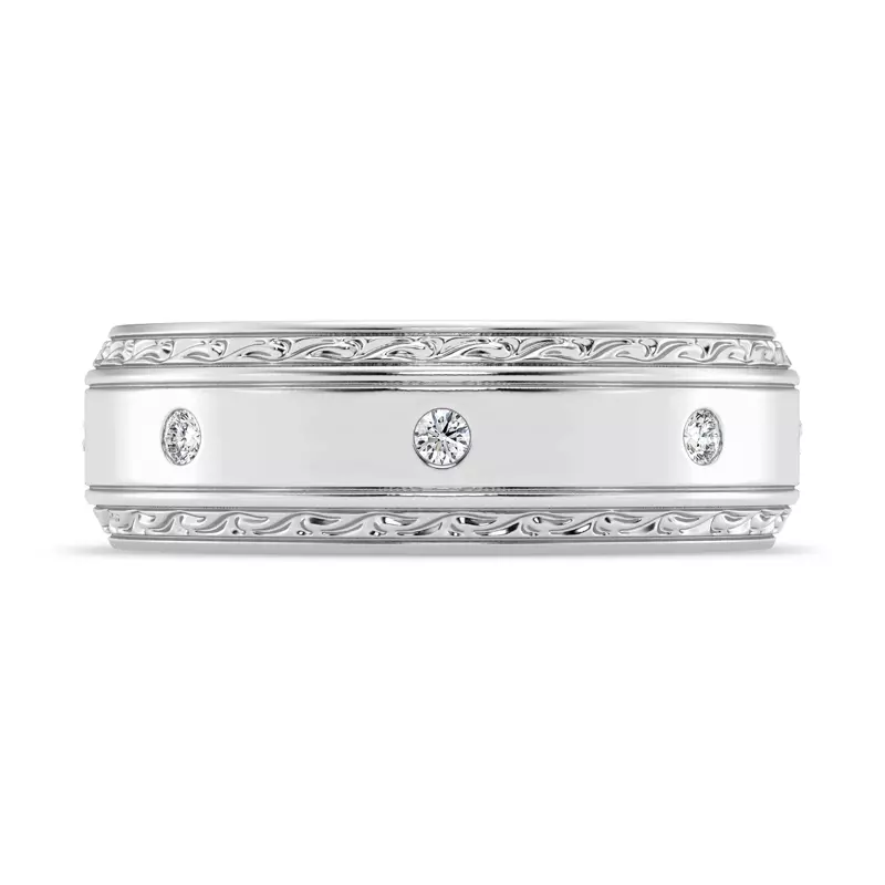 14K White Gold Engraved Diamond Beveled Eternity Band (8mm)