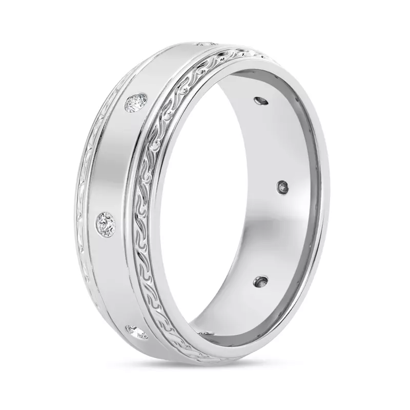 14K White Gold Engraved Diamond Beveled Eternity Band (8mm)