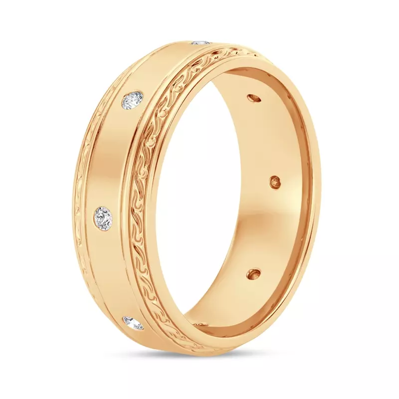 14K Yellow Gold Engraved Diamond Beveled Eternity Band (8mm)