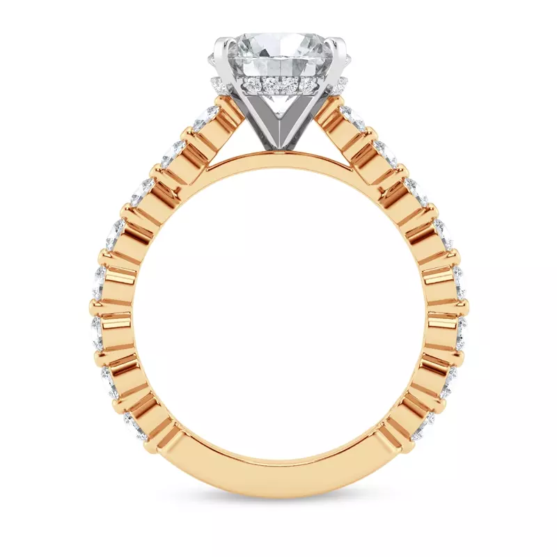 14K Yellow Gold Signature Hearts & Arrows Shared Prong Hidden Halo Cathedral Engagement Ring (.80ct. tw.)