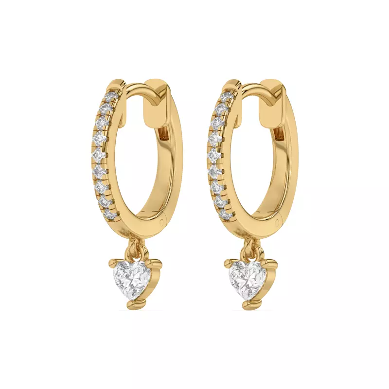 18K Yellow Gold Heart Lab Diamond Drop Huggie Earrings