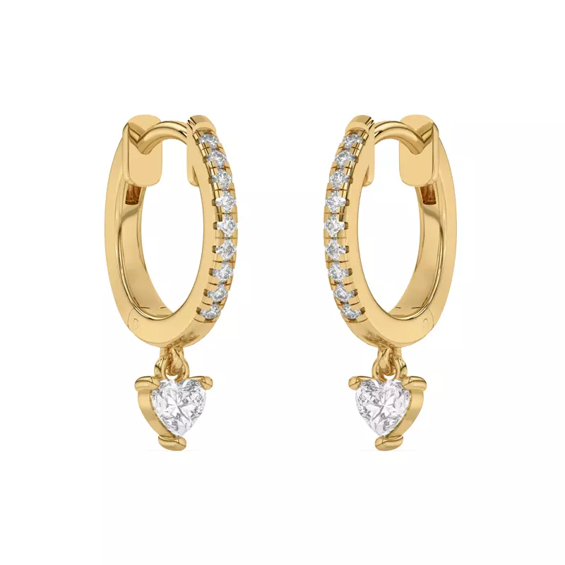 18K Yellow Gold Heart Lab Diamond Drop Huggie Earrings