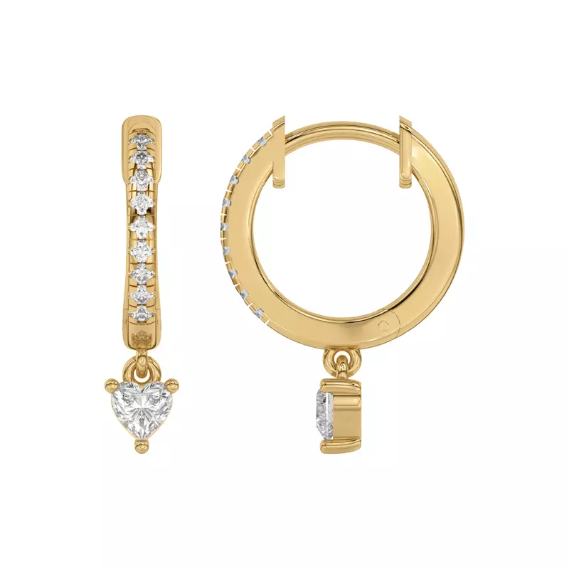 18K Yellow Gold Heart Lab Diamond Drop Huggie Earrings