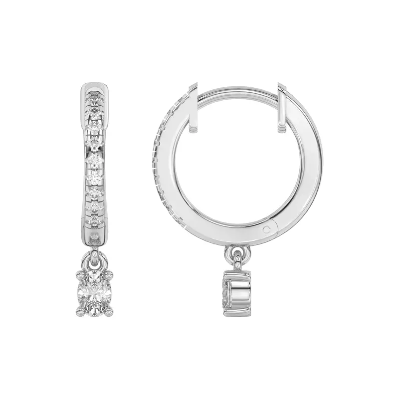 14K White Gold Oval Lab Diamond Drop Huggie Earrings