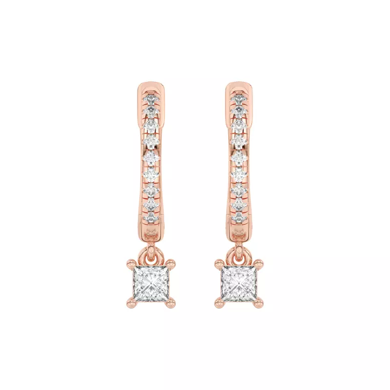 14K Rose Gold Princess-Cut Lab Diamond Drop Huggie Earrings