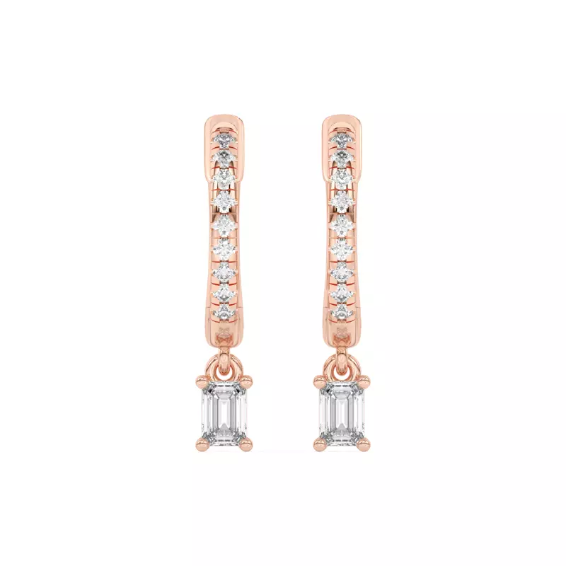 14K Rose Gold Emerald-Cut Lab Diamond Drop Huggie Earrings