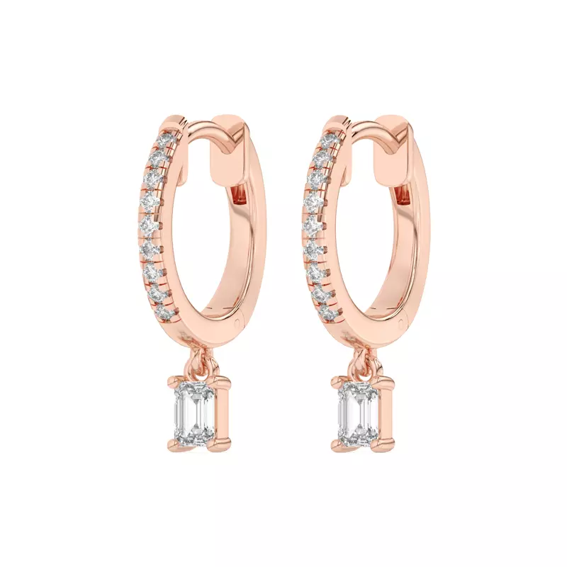 14K Rose Gold Emerald-Cut Lab Diamond Drop Huggie Earrings