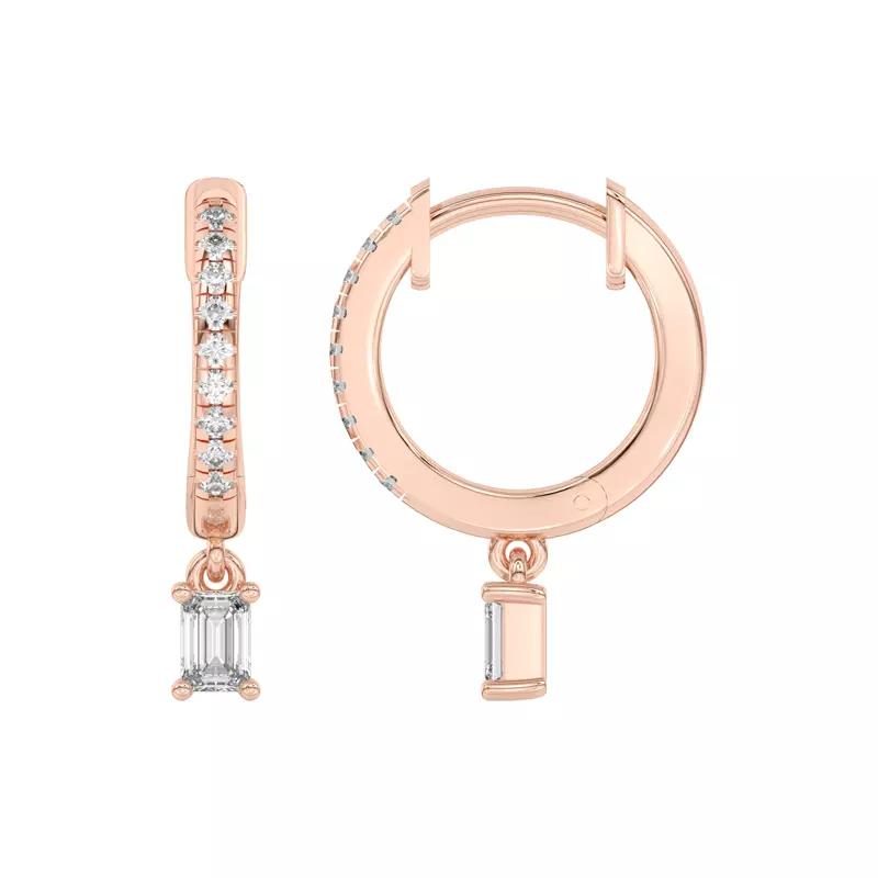14K Rose Gold Emerald-Cut Lab Diamond Drop Huggie Earrings
