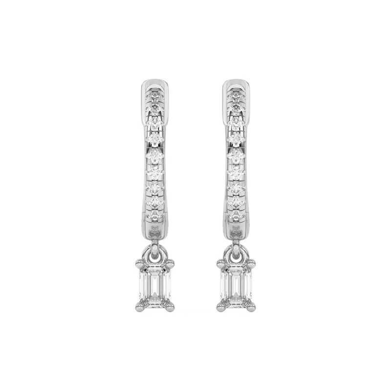Platinum Emerald-Cut Lab Diamond Drop Huggie Earrings