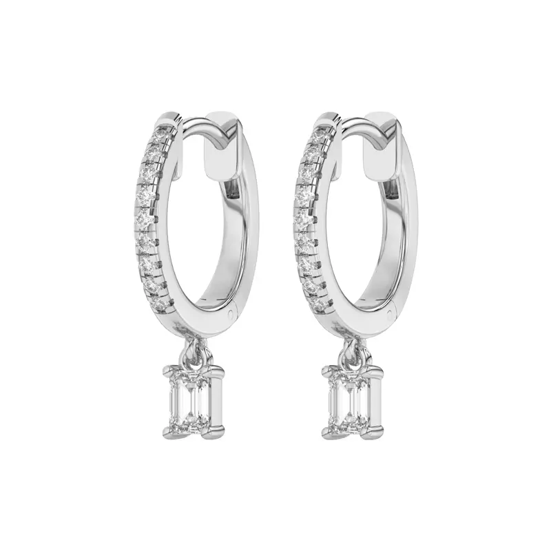 Platinum Emerald-Cut Lab Diamond Drop Huggie Earrings