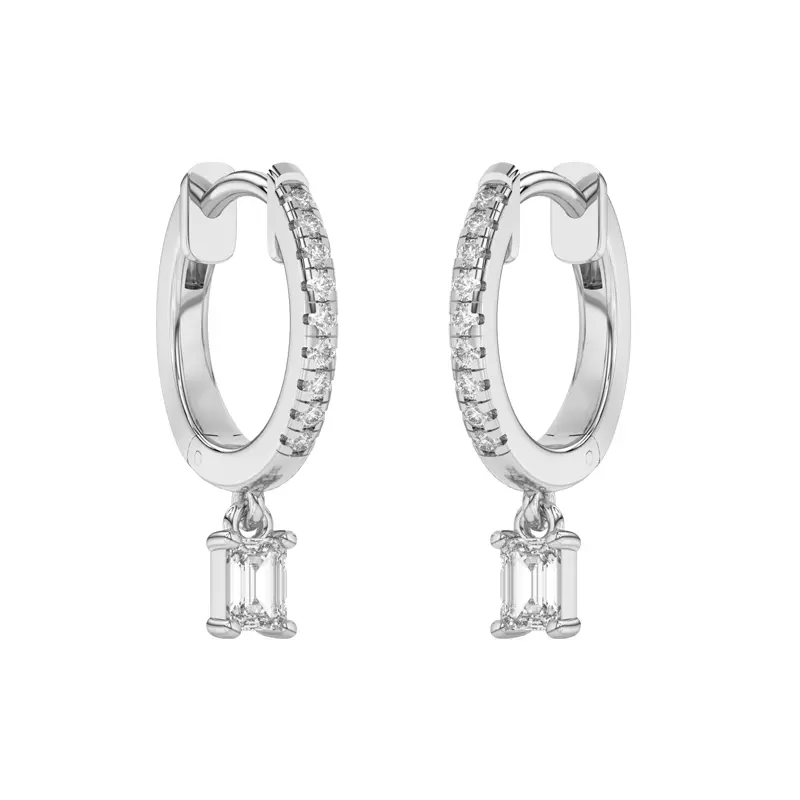Platinum Emerald-Cut Lab Diamond Drop Huggie Earrings