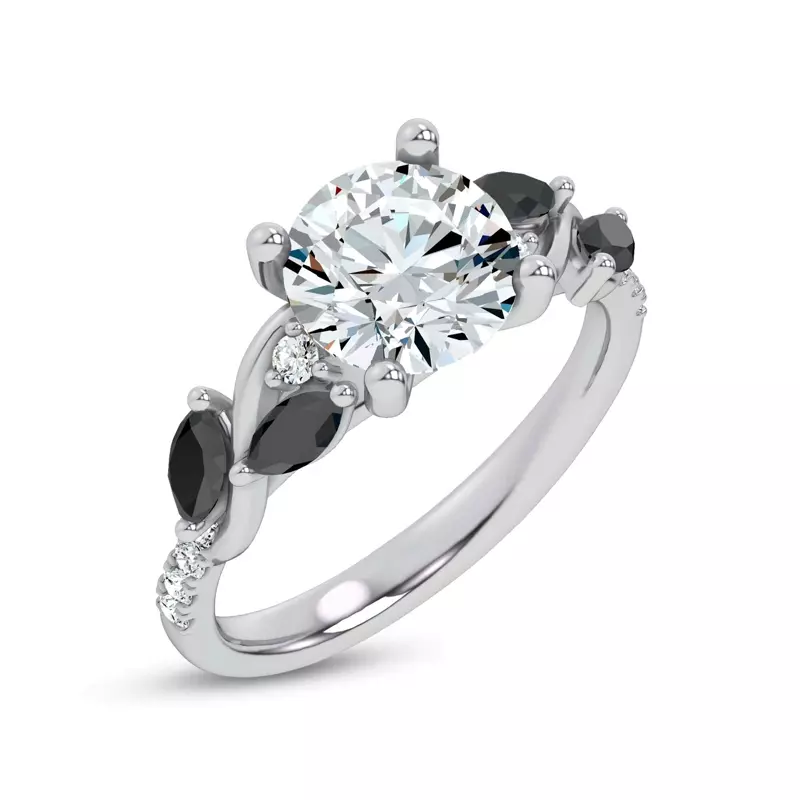 14K White Gold Hayden Curved Vine Black And White Diamond Engagement Ring