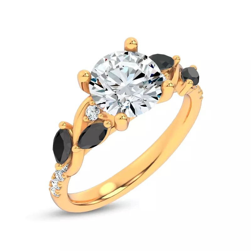 14K Yellow Gold Hayden Curved Vine Black And White Diamond Engagement Ring