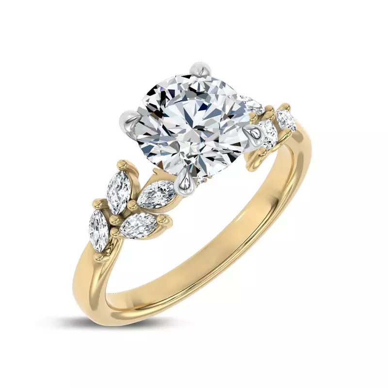 14K Yellow Gold Seravine Leaf Accent Lab Engagement Ring