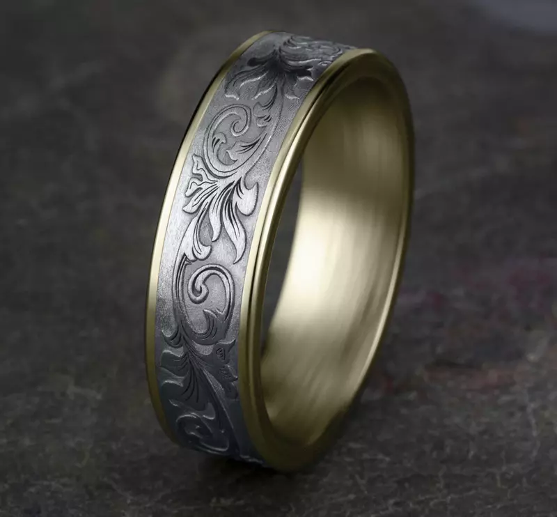 White Gold 14k & Yellow Gold 14k Imperium Floral Scroll Comfort-Fit Band (6.5mm)