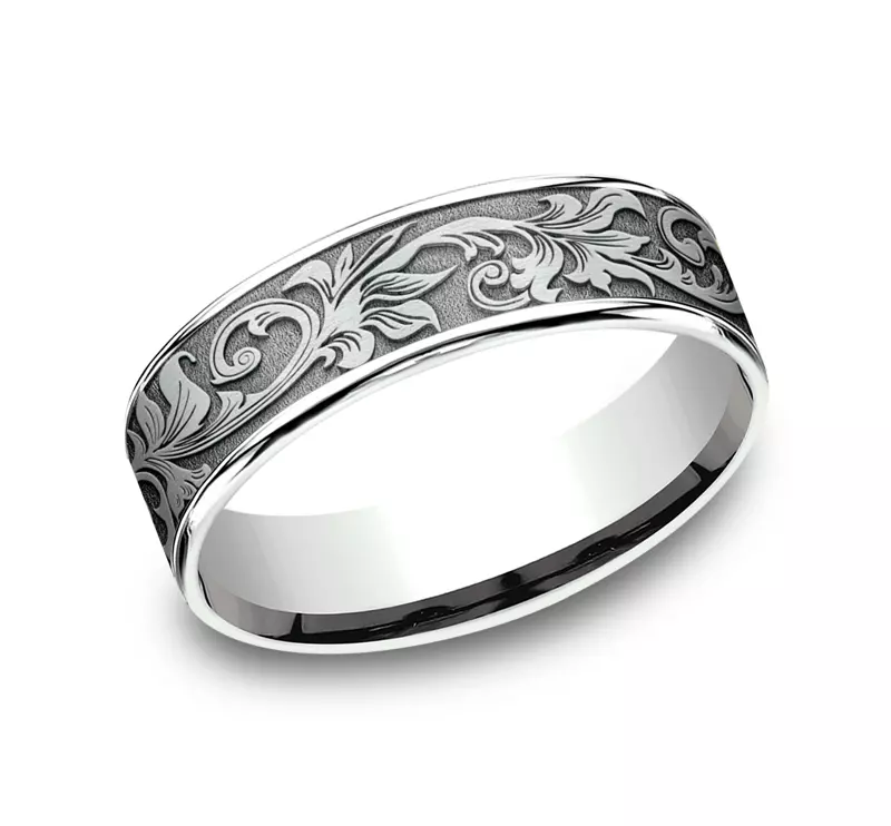 14K White Gold Imperium Floral Scroll Comfort-Fit Band (6.5mm)