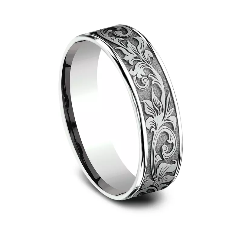 14K White Gold Imperium Floral Scroll Comfort-Fit Band (6.5mm)