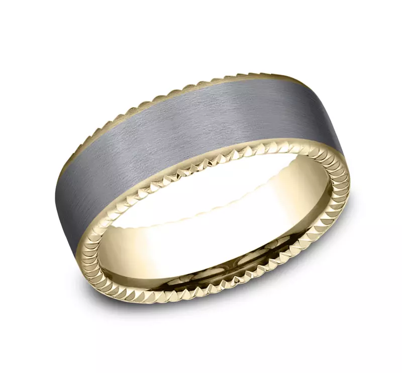 Yellow Gold 14k & Tantalum Bastion Thin Fluted Bevel Grey Tantalum Comfort-Fit Band (7.5mm)