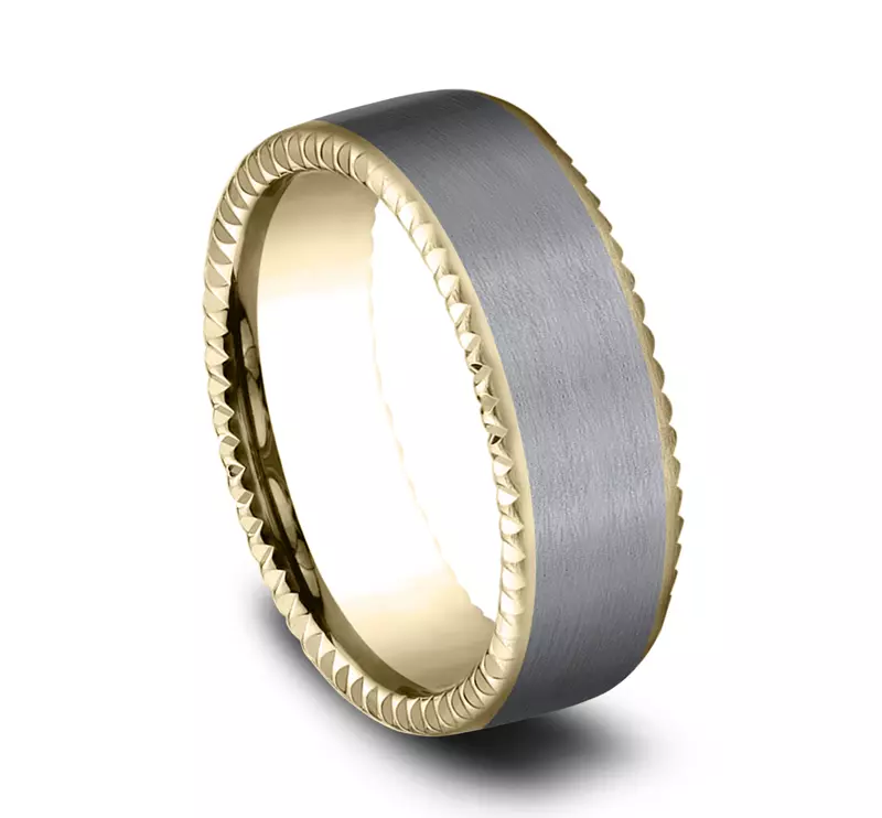 Yellow Gold 14k & Tantalum Bastion Thin Fluted Bevel Grey Tantalum Comfort-Fit Band (7.5mm)