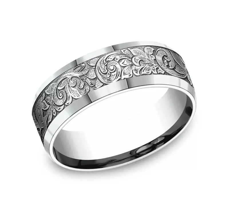 14K White Gold Valentura Floral Scroll Comfort-Fit Band (7.5mm)