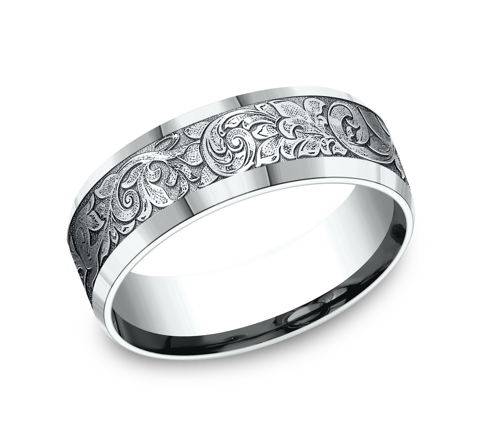 18K White Gold Valentura Floral Scroll Comfort-Fit Band (7.5mm)