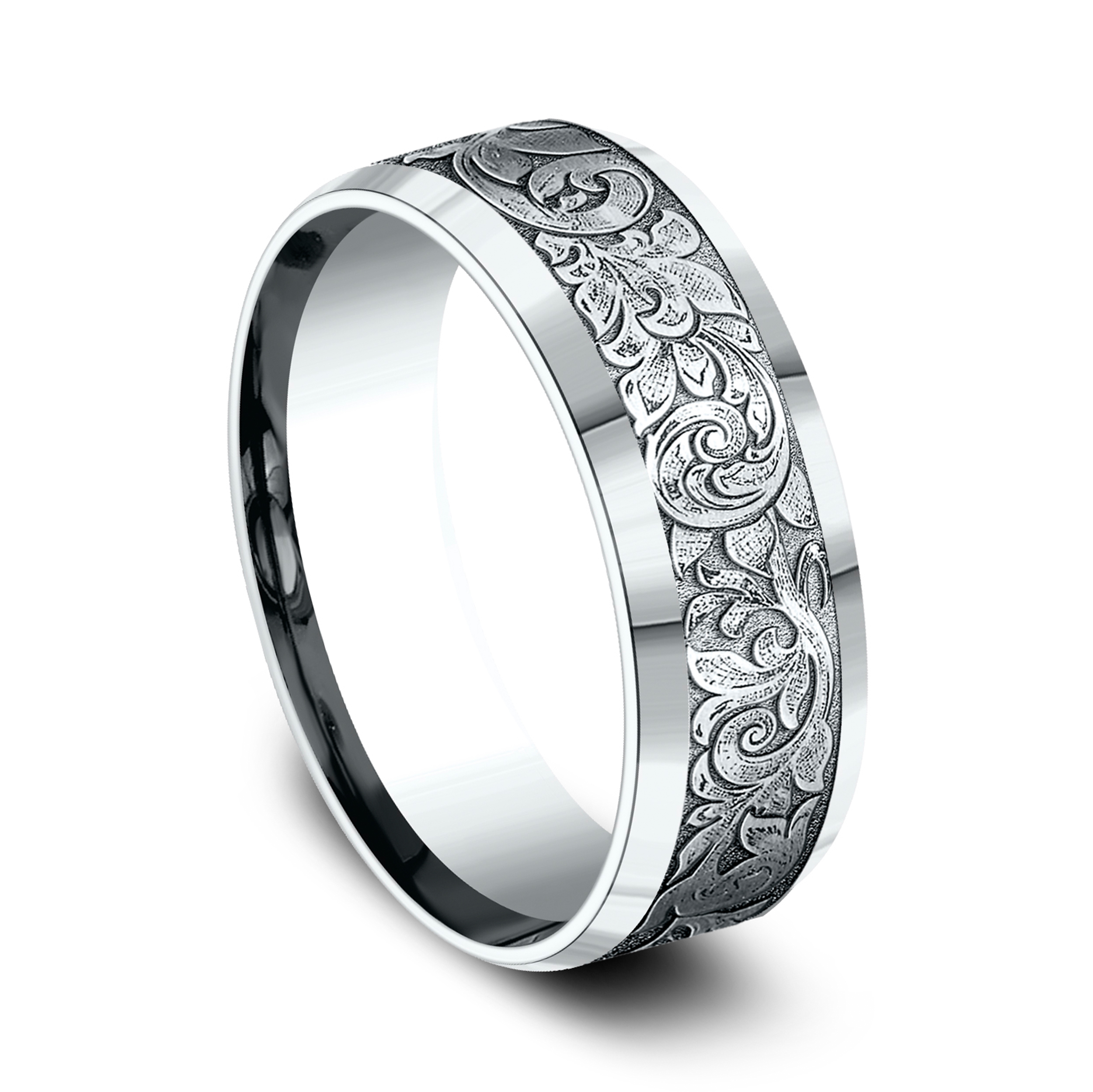 18K White Gold Valentura Floral Scroll Comfort-Fit Band (7.5mm)
