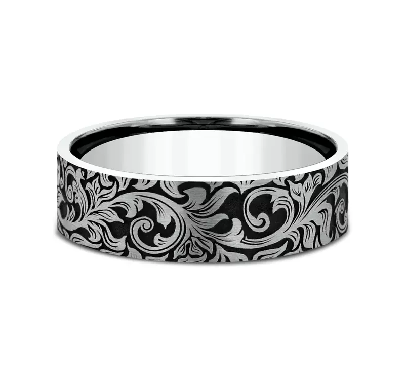 14K White Gold Nightfall Engraved Flat Comfort-Fit Band (8mm)