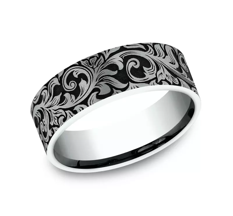 14K White Gold Nightfall Engraved Flat Comfort-Fit Band (8mm)